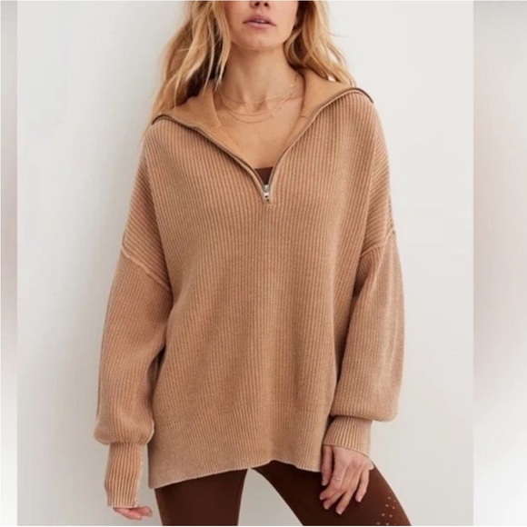 Aerie Beyond Quarter Zip Sweater Faded Tan Camel Size XL - Picture 3 of 16